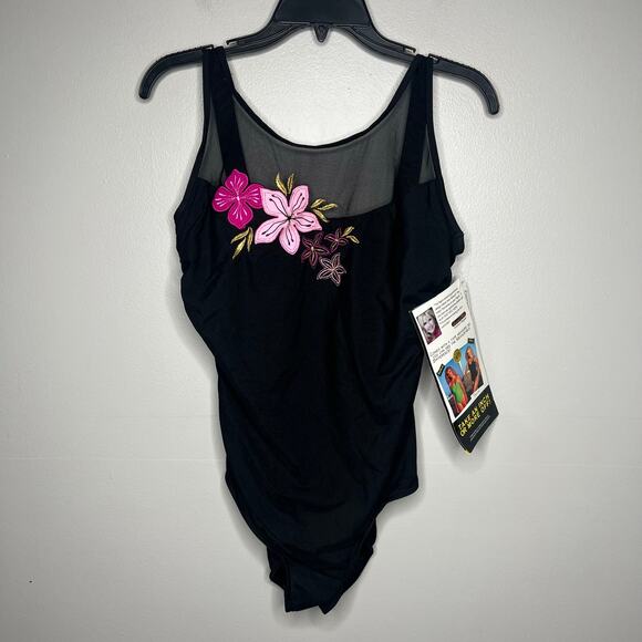 Carol Wior Swimsuit Women 14 One Piece Hawaii Flower Sheer Top Underwire VTG NWT - Picture 1 of 10